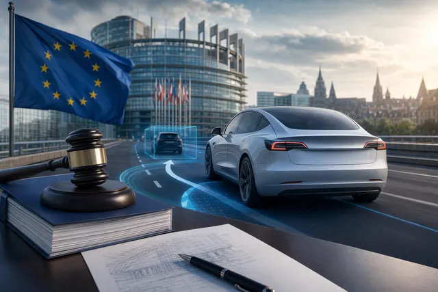 Illustration of a Tesla driving in Europe with regulatory approval symbols in the background