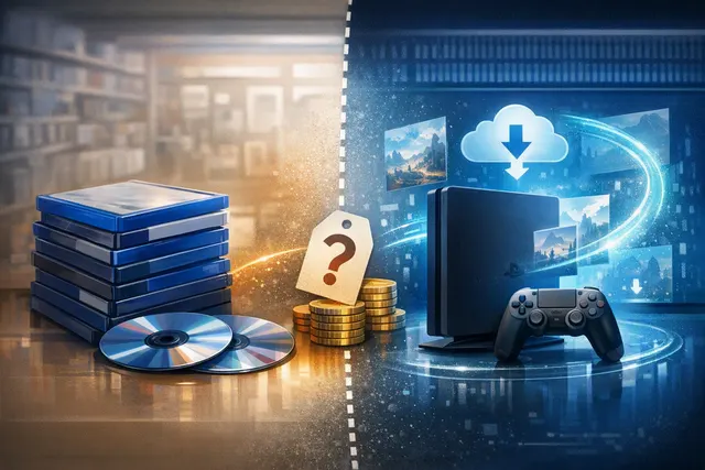 Illustration of a PlayStation game disc transitioning into a digital download interface