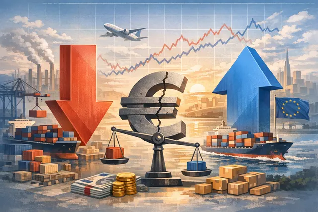 Euro area trade deficit April 2026 data visualization showing a sharp swing from surplus to negative balance amid rising imports.