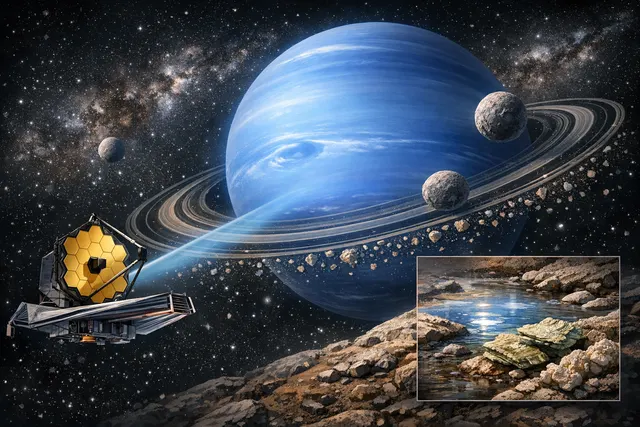 AI-generated illustration of Neptune with its inner moons and rings, representing JWST's discovery of clay minerals on shattered moon remnants.