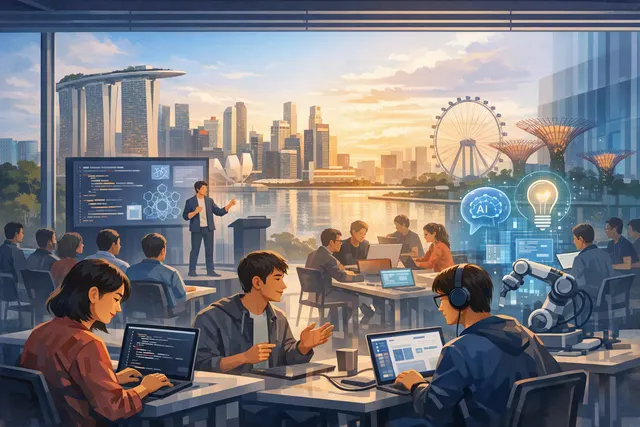 Illustration of developers building AI applications with OpenAI Codex at a Singapore hackathon