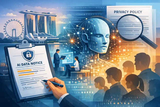 Abstract illustration of generative AI training connected to personal data and privacy controls in Singapore