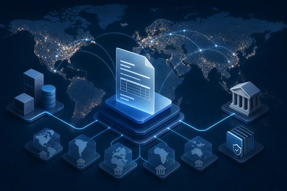 Concept illustration of API infrastructure connecting global tax systems and e‑invoicing networks
