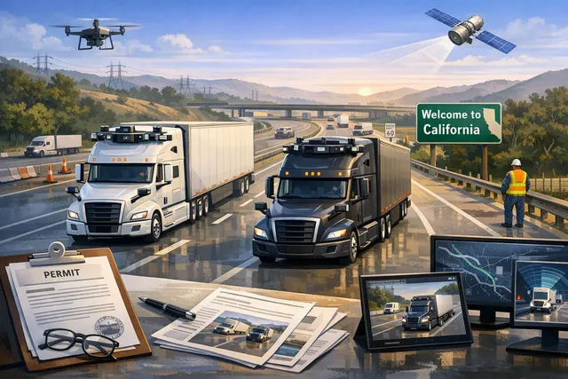 Self-driving autonomous truck on a highway with digital path overlay, illustrating Aurora Innovation and Kodiak AI testing on California roads in 2026