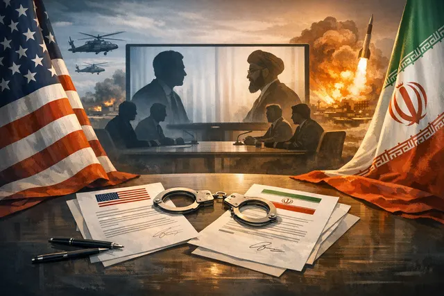 Illustration of two documents labeled US and Iran partially overlapping, with a golden $300 billion fund and a crossed-out birthday cake representing the collapsed June 14 signing