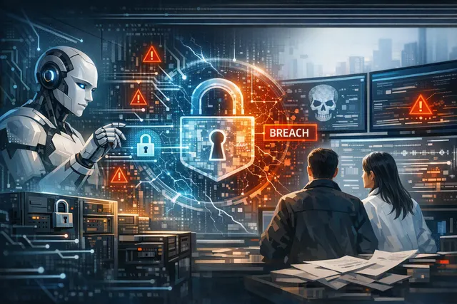 Abstract editorial illustration of an AI model, cybersecurity code and a warning barrier surrounding open model weights