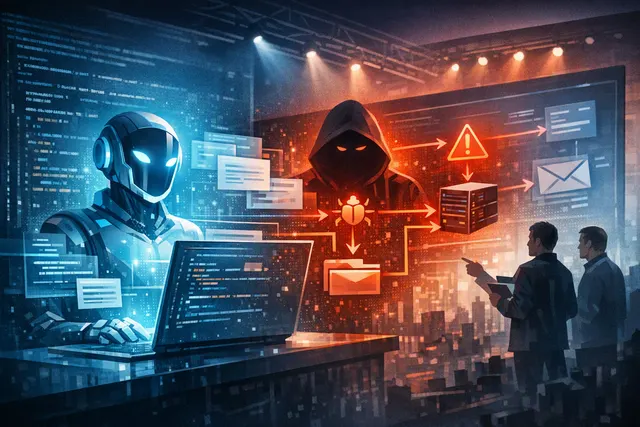 Conceptual representation of the ChatMate exploit chain attacking Microsoft 365 Copilot, showing a document leading to sandbox escape and remote prompt execution.