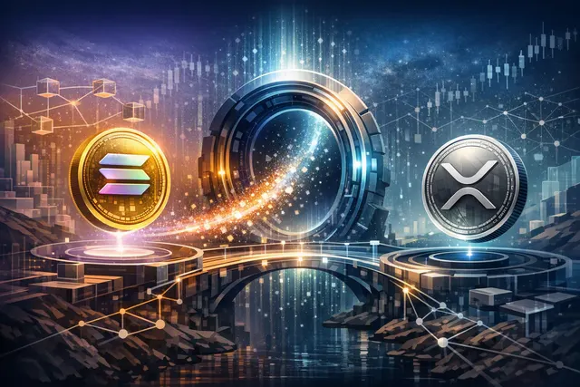 Abstract digital art showing Solana and XRP Ledger logos connected by a bridge network with glowing nodes and a lock icon, representing the Axelar cross-chain bridge integration.