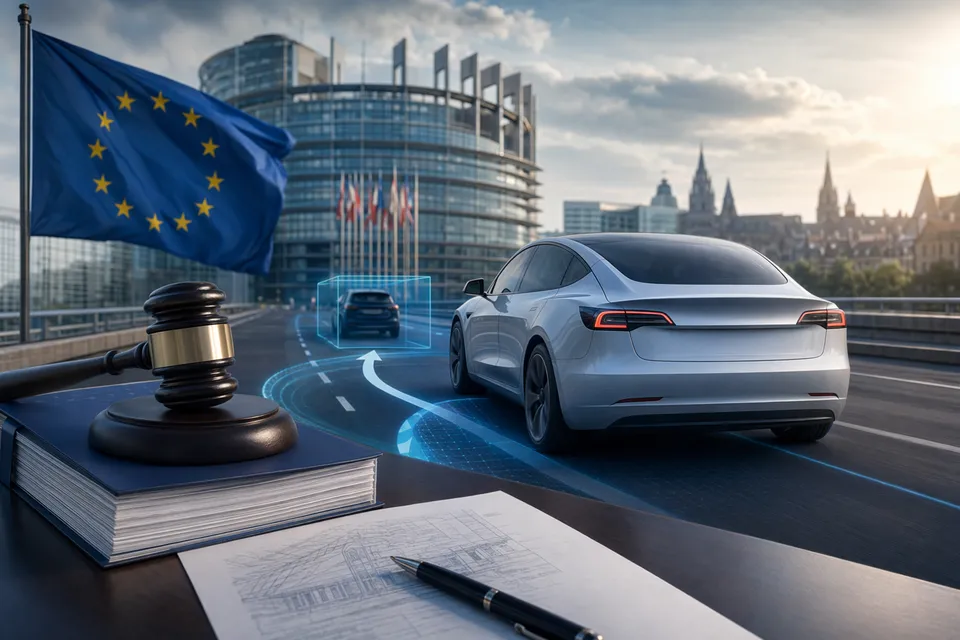 Illustration of a Tesla driving in Europe with regulatory approval symbols in the background