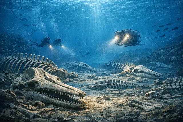 Artistic render of a deep-sea submersible illuminating a massive whale skeleton on the ocean floor, surrounded by unique deep-sea creatures, in the newly discovered Diamantina Zone