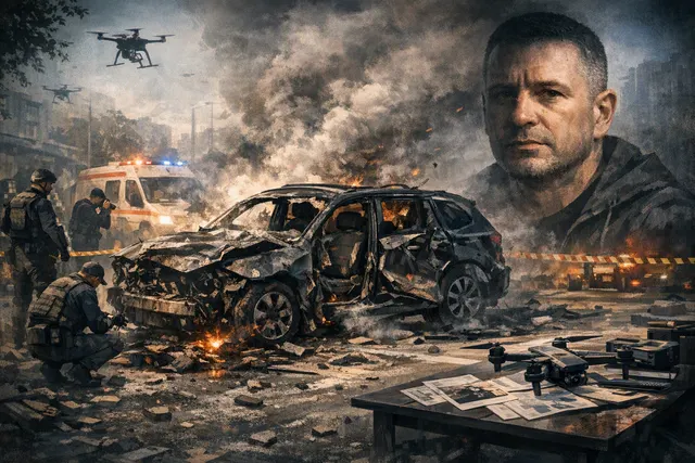 A burnt-out Mercedes-Benz car, destroyed in a bomb blast, sits in a residential street. Emergency service lights are visible in the background.
