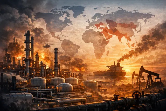 Aerial view of an oil refinery complex at dusk, with distillation columns, storage tanks, and flare stacks illuminated against a dark sky — symbolizing the strained global refining