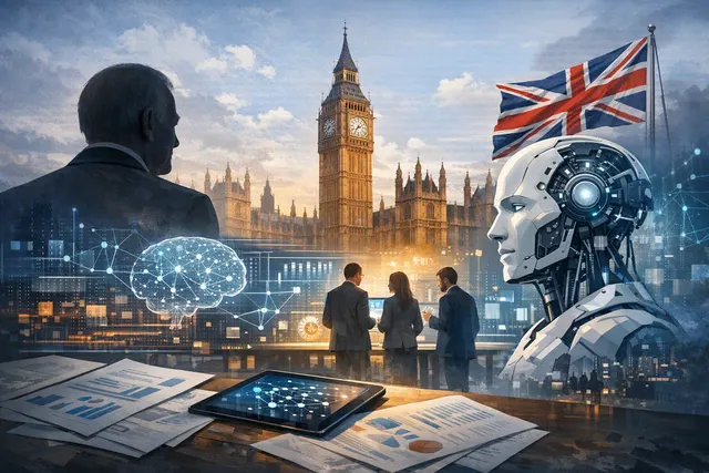 AI-generated editorial image representing a futuristic UK government building with digital AI symbols and glowing circuits, illustrating the new Prime Minister's AI Taskforce