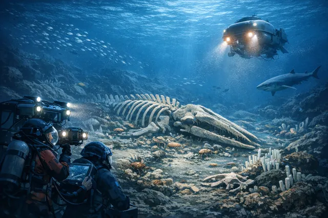 What is the newly discovered whale graveyard in the Indian Ocean, how large and old is it, how was it found, what species were identified, w