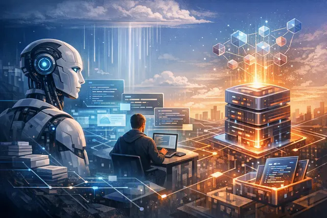Cloudflare Agents Week 2026 announcement illustration showing an AI agent connected to a virtual computer, cross-language bridges, and network protocols at the edge.