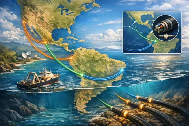 Map illustrating Google's Americas Connect subsea cable routes: Alisios, Canoa, OlaLuz, and the Firmina branch extension in the Caribbean and Americas.