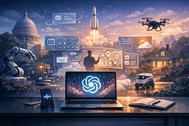 A futuristic digital representation of an AI assistant monitoring a user's screen and orchestrating daily tasks in the background.