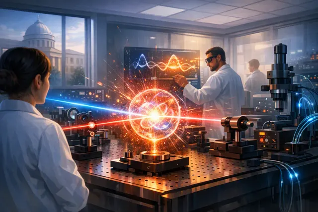 Artistic visualization of sunlight being concentrated through a Fresnel lens and cone-shaped concentrator to generate quantum-entangled photon pairs in a nonlinear crystal.