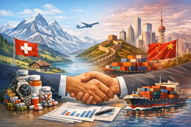 Illustration of Switzerland and China negotiating an expanded free-trade agreement, with tariff-free access for Swiss exports