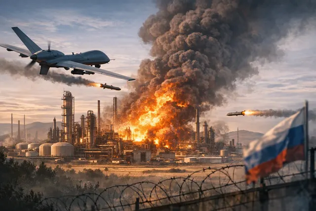 A dramatic night scene showing a large industrial oil refinery facility with fire and thick black smoke billowing from multiple points, set against a dark sky, conveying the impact