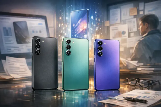 Samsung Galaxy S26 FE in Graphite, Aqua Green, and blue-purple colorways with a redesigned vertical camera module