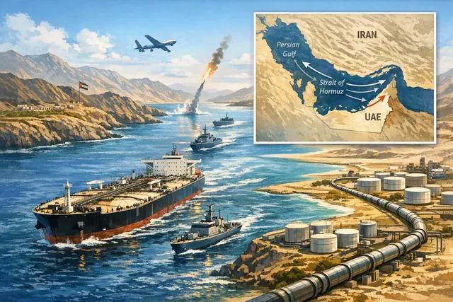 Map of the Strait of Hormuz with oil tanker routes and ADNOC's operational zones highlighted
