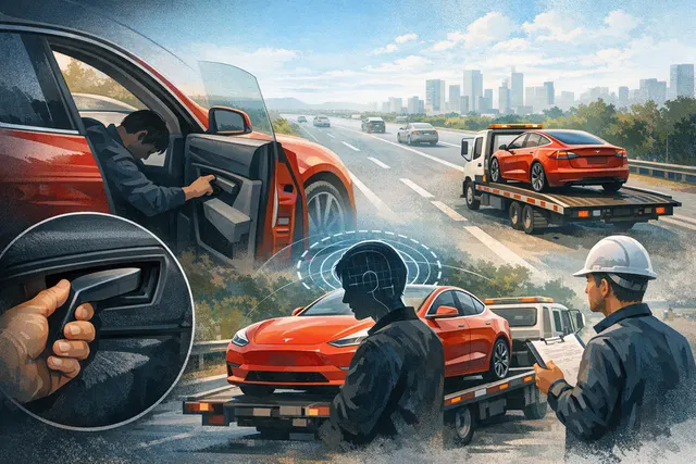 Illustration of a Tesla vehicle with driver-monitoring and emergency door-release safety alerts