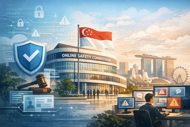 Illustration of Singapore’s Online Safety Commission helping victims report harmful online content