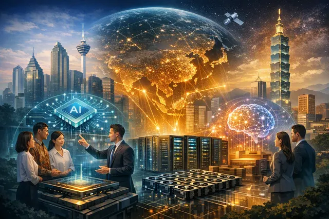 AI-generated editorial image representing Nokia's AI infrastructure strategy in Asia, featuring network and data center imagery.