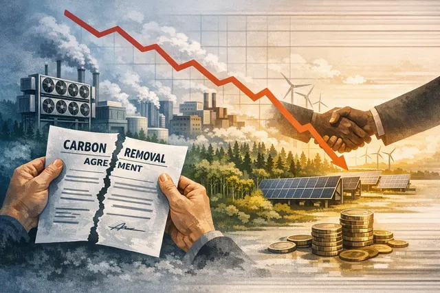 An abstract digital illustration showing a wastewater treatment facility integrated with carbon capture technology under a dramatic sky, symbolizing Crew Carbon's wastewater alkali