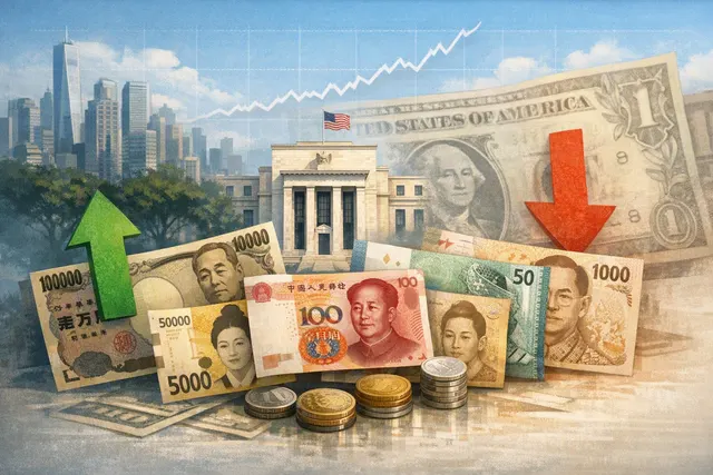 Editorial illustration of Asian currencies strengthening as the US dollar weakens, with yen intervention and Federal Reserve rate expectations in focus