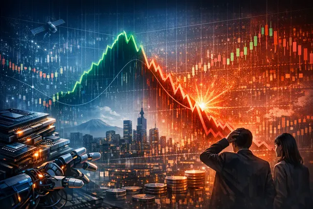 A downward-trending stock market chart and a glowing AI chip with circuit board lines, representing the volatility of Asian tech stocks driven by the AI rally reversal