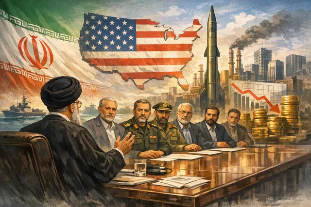A conceptual image representing the geopolitical tensions in the Middle East, featuring an Iranian flag and a map of the Strait of Hormuz.