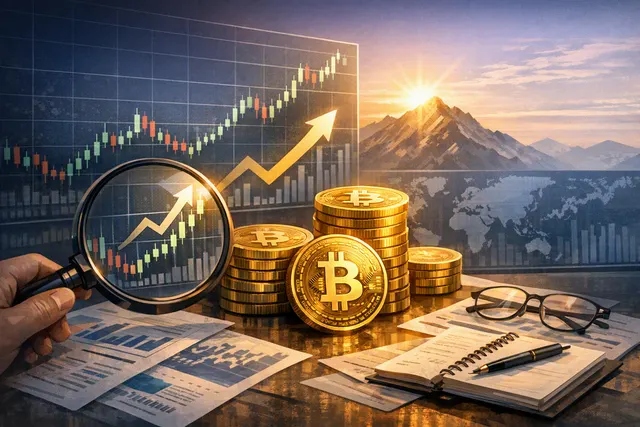 Editorial illustration of Bitcoin rising through a market chart as traders assess whether its bear market has ended