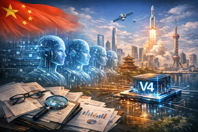 Abstract visualization of Chinese AI model releases with circuit board patterns and glowing neural network nodes on a dark blue background