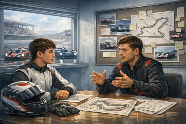 Kimi Antonelli and Max Verstappen in F1 race suits, representing their shared GT and endurance racing ambitions