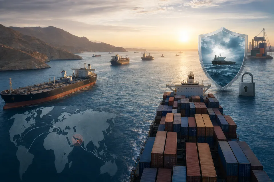 Tàu hàng đi qua eo biển hẹp, minh họa rủi ro cước vận tải quanh eo biển Hormuz