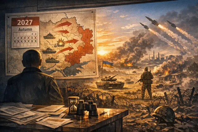 Editorial illustration of Russia’s reported 2027 Donbas deadline and the pressures of the war in Ukraine