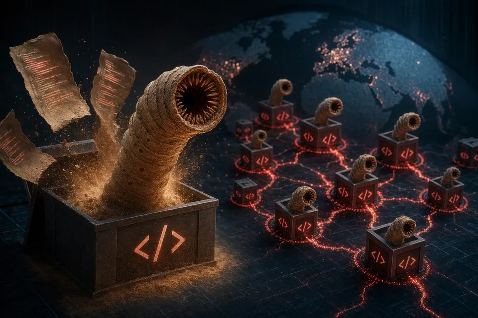 Concept illustration of a software supply chain attack spreading through npm packages