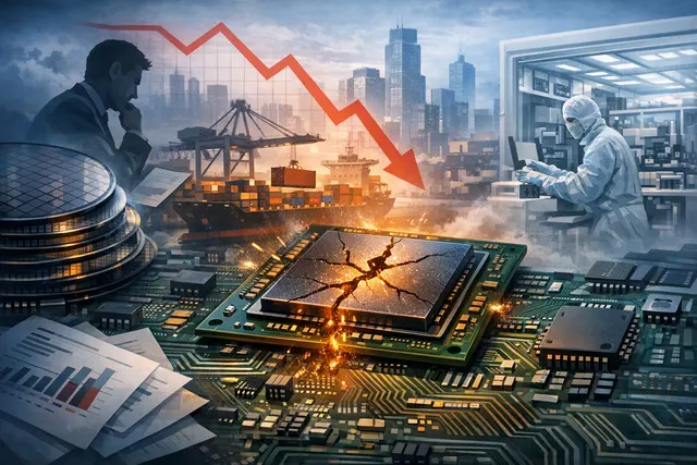 A conceptual illustration of memory chip supply and demand — a glowing microchip on a circuit board representing the global chipflation shortage, with data center servers and consu