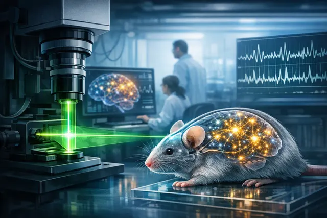 Conceptual illustration of a laser scanning a translucent zebrafish brain with light-sheet microscopy