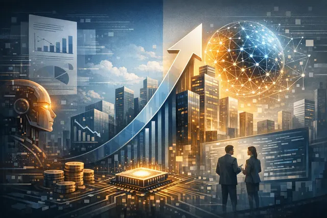 Abstract visualization of Anthropic's Claude AI overtaking OpenAI in enterprise market share, depicting a data chart with the Anthropic logo ascending past OpenAI's logo.