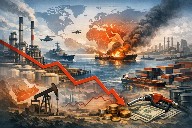 A stylized map of the Strait of Hormuz with shipping lanes and oil tanker icons, representing the 2026 blockade that cut off 20% of global oil supply.