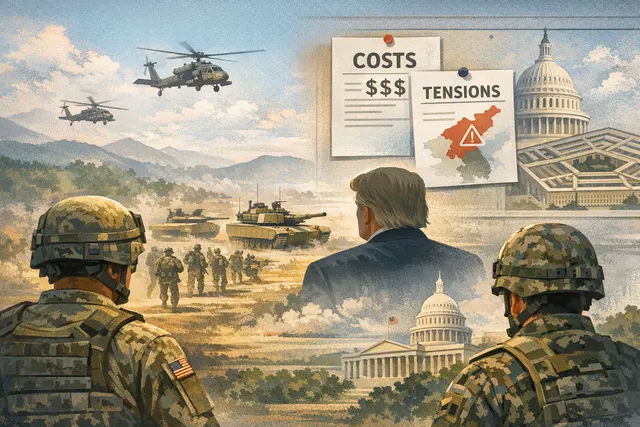 Illustration of U.S.-South Korea military exercises and diplomacy involving Donald Trump and Kim Jong Un