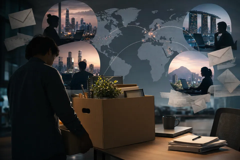 Illustration representing Amazon layoffs and global office locations during the 2026 restructuring rumors