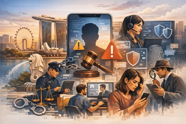 Illustration of Singapore’s layered online-safety system, showing content takedowns, account restrictions and platform regulation