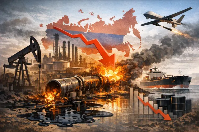 Satellite-style illustration of Russian oil infrastructure with drone strike markers and OPEC+ production data overlays