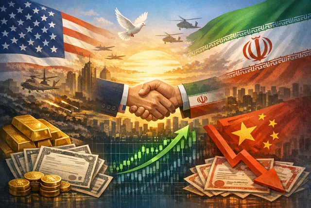 Editorial image showing global bond market reaction to the U.S.-Iran peace framework announcement, with Chinese government bonds depicted as a central war haven trade
