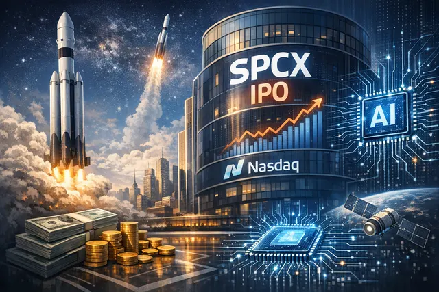 Editorial illustration for the SpaceX SPCX IPO article showing rockets and data center infrastructure intersecting with AI compute revenue streams and investor risk warnings