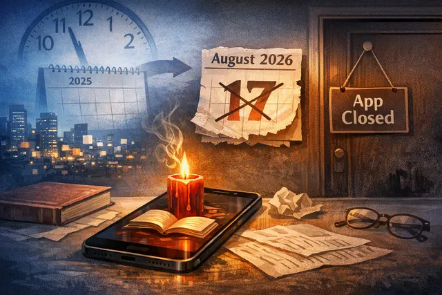 Editorial illustration of a digital fiction app closing, representing ByteDance’s Red Candle Stories shutdown